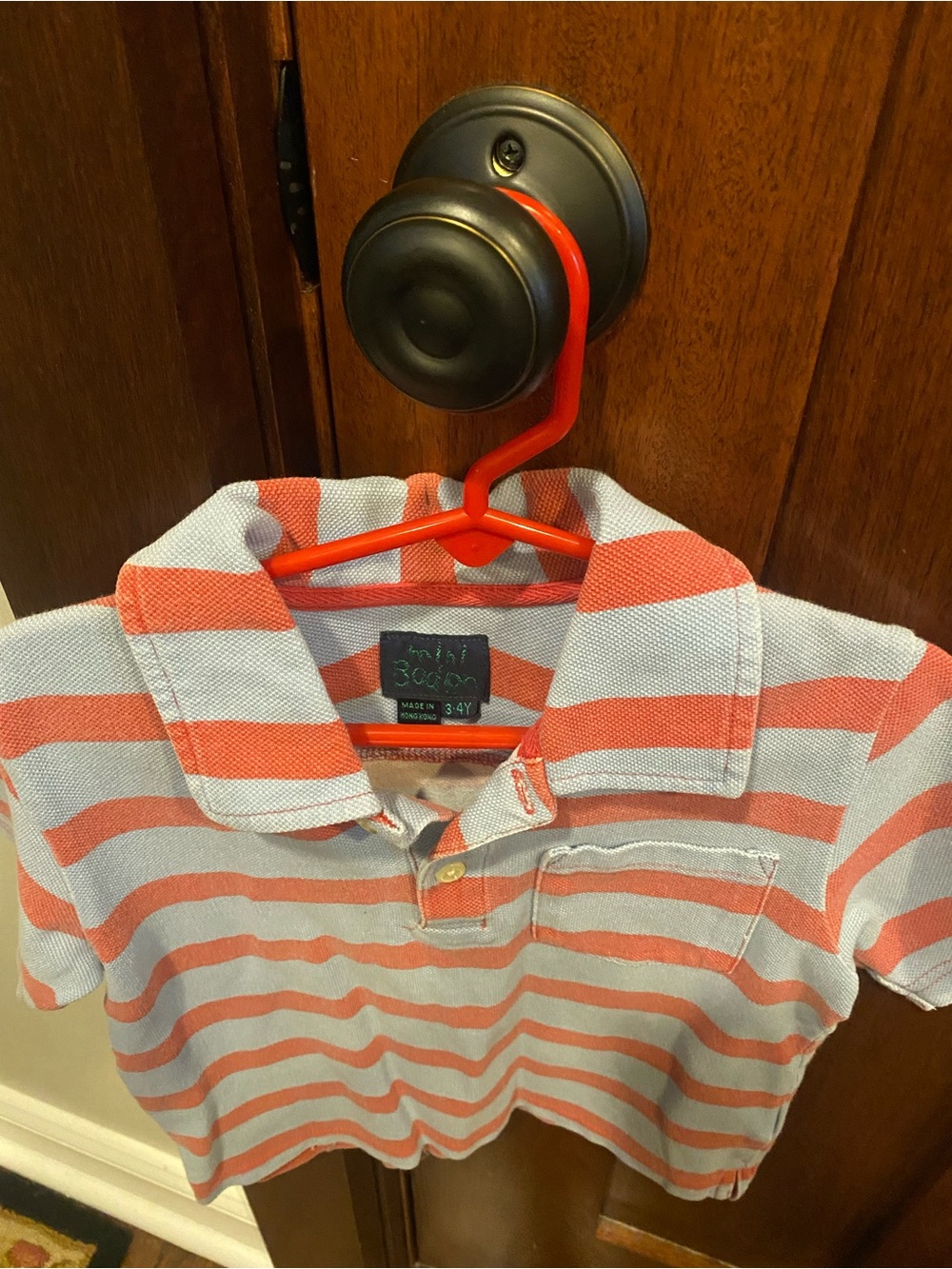 Mini Boden Coral and Light Blue Striped Polo